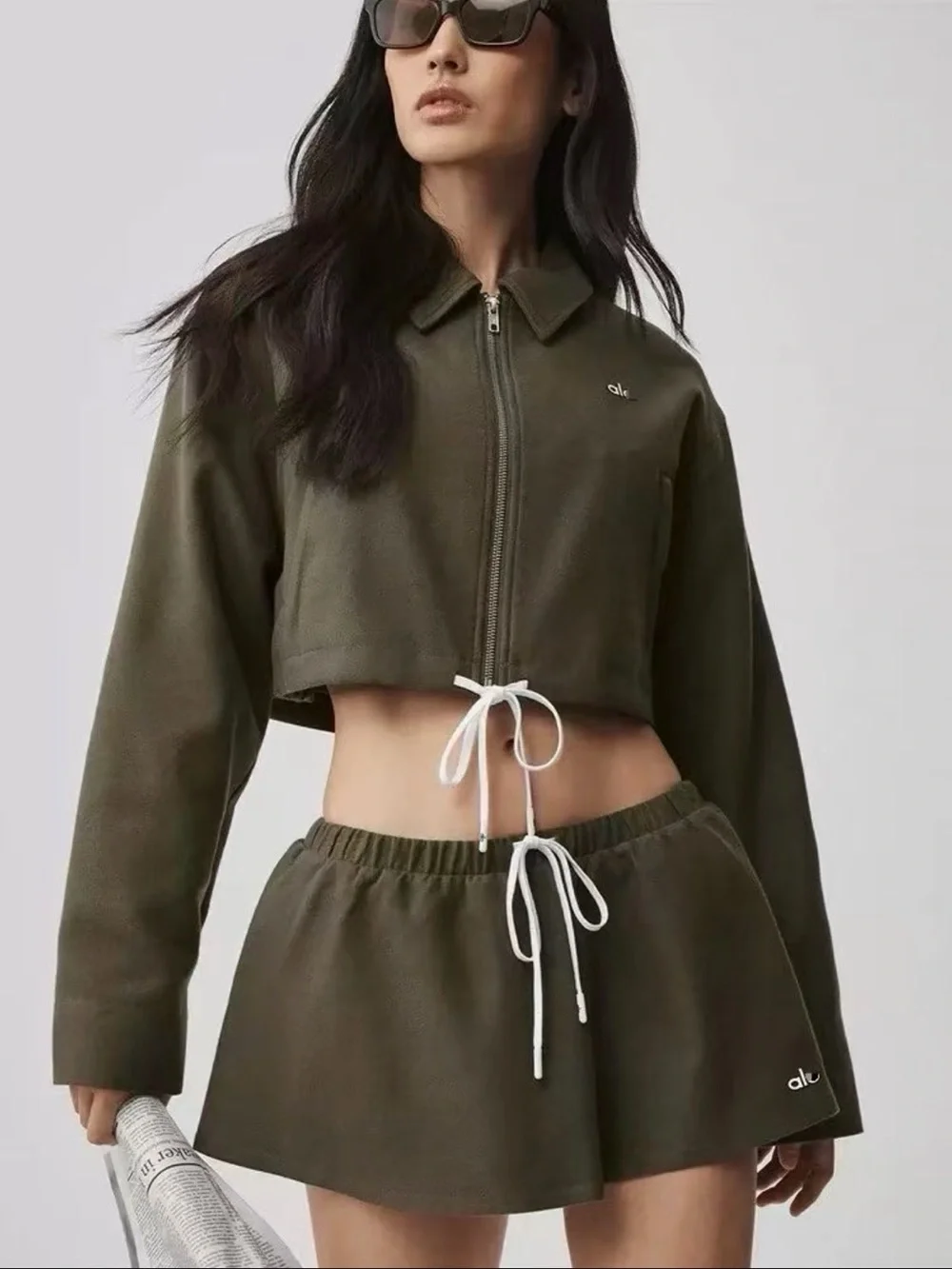 ALO Yoga Olive Green Cropped Zip Jacket & Skirt Set